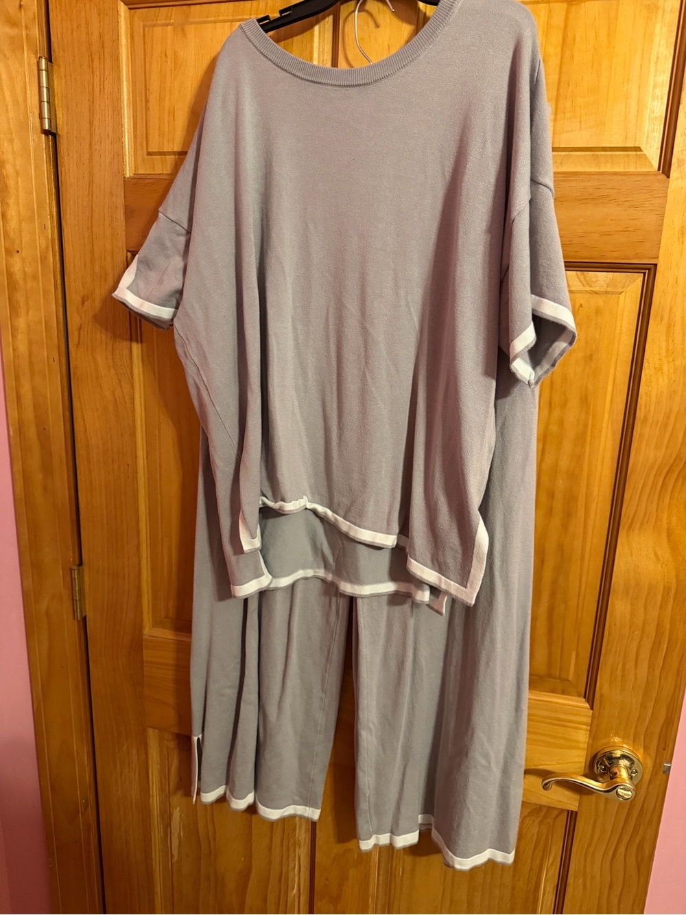 Relaxed Two-Piece Gray Lounge Pajama Set with White Trim
